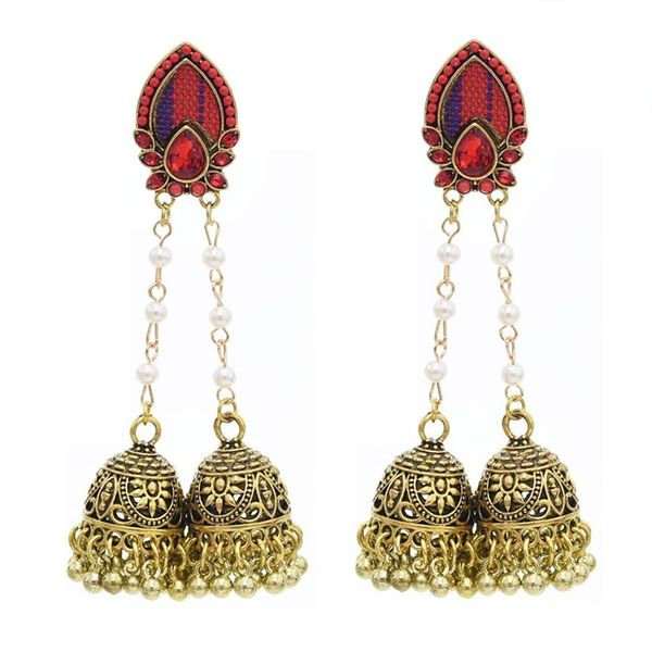 Boucles d'oreilles jhumki jhumki jhumki avec bornes doubles imitation imitation perle de poule