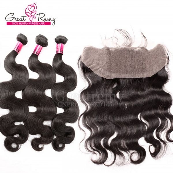 Paquetes de cabello virgen sin procesar de tejido de cabello humano del templo indio extensiones de cabello ondulado con 134 cierre frontal de encaje cabello Greatremy