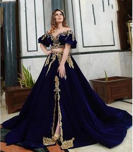 Indien deux pièces bleu royal robes de bal volants hors épaule velours dentelle appliques caftan arabe robe de soirée de dubaï