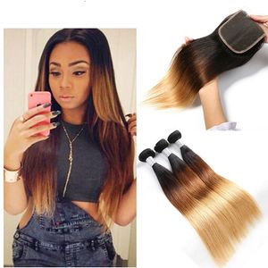 Indian Virgin Hair 1b / 4/27 Ombre Kleur Rechte Drie Bundels met 4x4 Kantsluiting 4 Stuks / partij 1b / 4/27