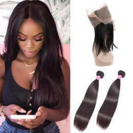 Indian Virgin Hair 2 Bundels met 360 Kant Frontale 3 stuks / partij Straight Menselijk Haar Inslagen met 360 Frontale sluiting met babyhaar instelbaar