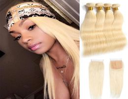 Hair vierge indien 4 paquets avec 4x4 Clôture en dentelle Cheveux bébé raies Extensions de cheveux humains 613 Couleur légère blonde 5 pièces Ruyib1668630