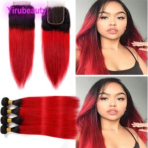 Extensions de cheveux vierges indiens 3 faisceaux avec fermeture à lacet 4X4 au milieu trois parties libres 1B rouge droit deux tons couleur 1B/rouge 12-26 pouces