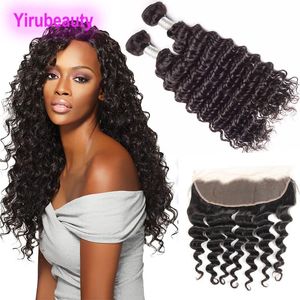 Bundles d'extensions de cheveux vierges indiens avec 13X4 dentelle frontale oreille à oreille partie libre 3 pièces/lot cheveux humains vague profonde indien bouclé Yiruhair