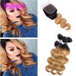 Indian Virgin Hair Lace Sluiting 4x4 met 3 bundels 10-28inch 1B/27 Dubbele kleur Body Wave Bundels met 4x4 Sluiting Vrij midden drie delen