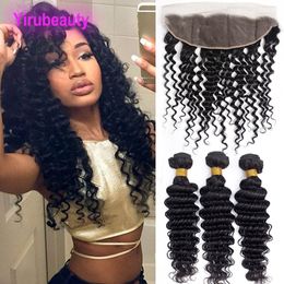 Indian Virgin Haar Natuurlijke Kleur Diepe Golf Hair Extensions 13X4 Kant Frontale Menselijk Haar Bundels Met Sluiting 4 Stuks/partij