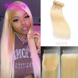 Les cheveux humains vierges indiens 613 # Couleur blonde 3 paquets avec HD 5x5 Close en dentelle 4 PC / Lot Produits de cheveux 10-32 pouces