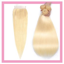 Indian Maagd Human Hair Blonde recht 613#Kleur 3 Bundels met 4x4 kanten sluiting met babyhaarverlengingen 4 st. Eén set Straight Blonde