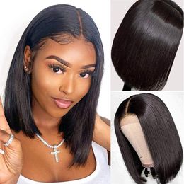 Perruques Bob Lace Front Cheveux Humains 4x4 Partie Moyenne Perruques Courtes Droites Bob Perruque Brésilienne Lace Frontal Perruques pour Femmes Noires Densité 200 Noir Naturel Bella Hair Tendance