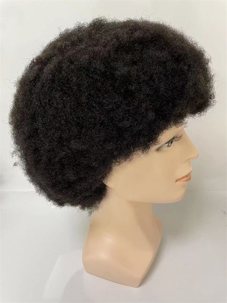 Pièce de cheveux humains vierges indiens 4 mm racine Afro Kinky Curl pleine perruque de dentelle pour hommes noirs