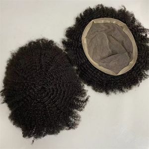 Reemplazo de cabello humano virgen indio 6 mm Afro Wave Toupee # 1b Color 7x9 Unidades de encaje completo para hombres negros