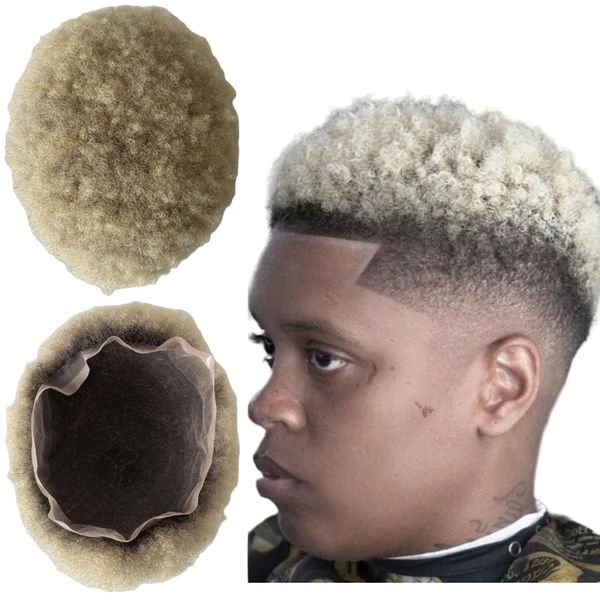 Cheveux humains indiens vierges de remplacement, deux tons, couleur ombrée T1b/613, racine de 4mm, Afro, 8x10, toupet en dentelle complète pour hommes noirs