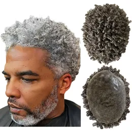 Systèmes de cheveux humains vierges indiens 10mm bouclés # 1b50 gris noeuds de peau mince PU toupet 8x10 perruque masculine pour vieux hommes noirs