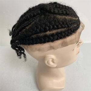 Indian Virgin Human Hair Systems No.8 Root Afro Corn Braids # 1b Black Full Lace toupee for Blackman