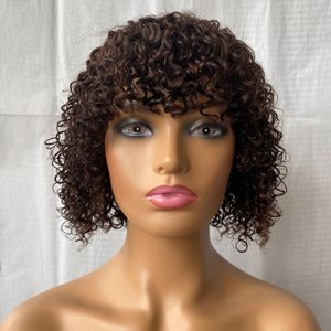 Aucune dentelle Jerry Curl Bob perruques avec une frange fabriquée à la machine courte perruque de cheveux humains indiens brun foncé pour les femmes