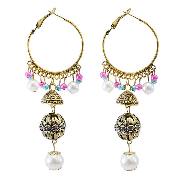 Indio con imitación Pearl Parl Gold Bell Beads Pendientes de aro de Tassel para mujeres