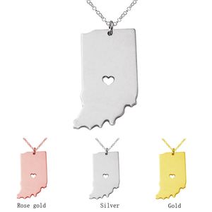Mapa de Indiana, collar con colgante de acero inoxidable con corazón de amor, estado de EE. UU., mapa geográfico, collares, joyería para mujeres y hombres