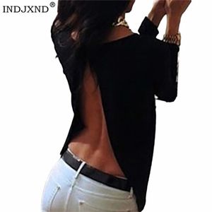 Indjxnd vrouwen lange mouwen chiffon shirt zomer sexy backless split blouse terug perspective ronde hals losse korte blouse