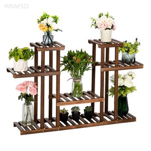 Stand de plante en bois carbonisé multi-fonctions et extérieure et extérieure artisset de 4 étages à 12 sièges de bois de fleuriste en bois kraflo trellis