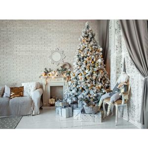 Interior pared de ladrillo bebé niños fondo de Navidad decoración de fiesta en casa juguete impreso árbol de Navidad cajas de regalo niños foto telones de fondo