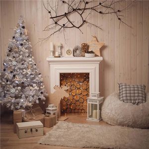 Fondo de foto de chimenea interior impreso árbol de Navidad blanco pared de madera ramita estrella regalos bebé niños fotografía telones de fondo