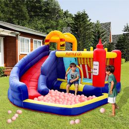 Indoor Opblaasbaar Kasteel Uitsmijter Huis voor Kinderen Uitsmijter Glijbaan Combo Plezier Springen Opblazen Peuter Springkasteel voor kinderen van 2-12 jaar met blazer Buitenspelen Frietjes Thema