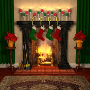 Indoor open haard kerst foto achtergronden fond photographie noel afgedrukt geschenk kousen groen gordijn thuis party cabine achtergrond 10x10ft