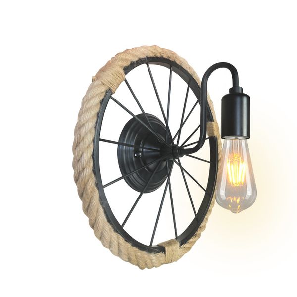 Lampes murales de roue vintage industrielles applique corde de chanvre avec cadre en métal applique murale noire pour chambre salon bar lumière