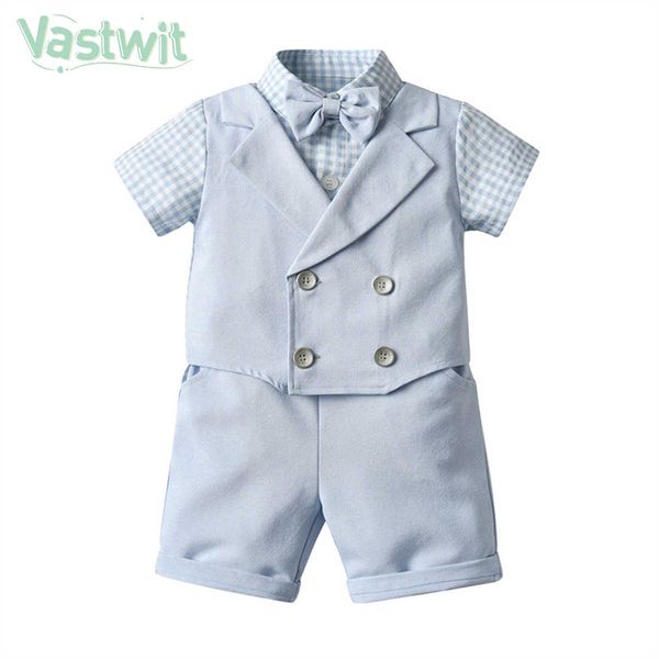 Infant Baby Boys Traje de bautizo Boy Boda Fiesta de cumpleaños Plaid Tie Tops Shorts Trajes de caballero formales Bautismo Ropa de niño G1023