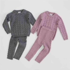 Baby baby jongens meisjes gebreide basis shirt lange mouwen top + broek kleding sets herfst winter kinderen pure kleur jongen meisje pak kleding 210521