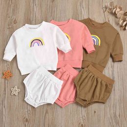 Bébé bébé garçons filles à manches longues arc-en-ciel impression haut + shorts pantalons vêtements ensembles enfants garçon fille vêtements costume 210429