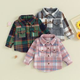 Chemises en flanelle à carreaux pour bébés garçons et filles, manteaux à manches longues, vestes à poches boutonnées, vestes en coton pour tout-petits de 0 à 4 ans 240314