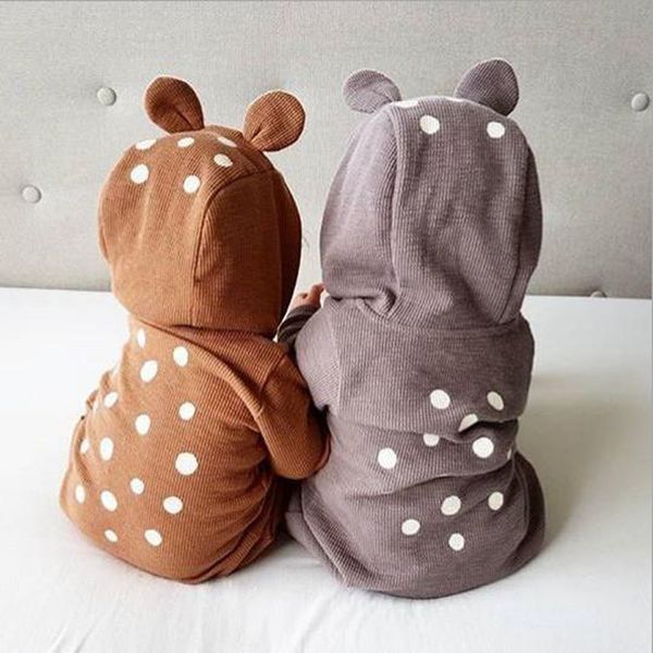 Vêtements de bébé pour bébé Polka Dot Boy Romper à capuche Cerf Nouveau-né Fille Combinaison Zipper Tenues pour tout-petits Vêtements de Noël pour bébé Gris Marron DW4603