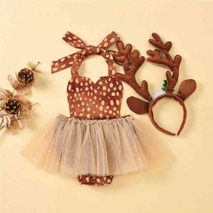 Baby baby meisje herten bodysuits jurk mouwloze riem jumpsuits kant mesh backless zonsuit kerst antlers hoofdband set G1221