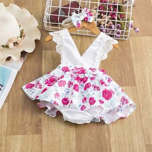 Baby baby meisjes floral kleding set zomer kant rose print jumpsuit + hoofdband backless zonsuite schattige geboren ruche romper 211101