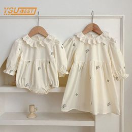 Bebés bebés niñas de manga larga hermanas vestido de cuello de encaje mamelucos niños bordar ropa de princesa 240311