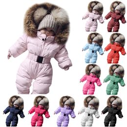 Bebé bebé invierno cálido abrigo de algodón niños niñas cinturón cintura mono sólido mameluco con capucha mono traje de invierno traje de nieve