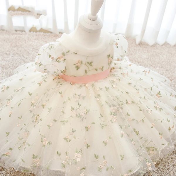 Infant Bow 1st Birthday Baby Robe Costumes Fleur Broidery Princess Party Marif Robe For Baby White First Communion Robe 240319