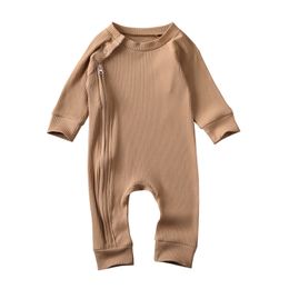 Infant Boy Solid Jumpsuits Baby Girl Long Sleeve Zipper Knoppen Ribbed Jumpsuit Boys Pure Cotton Romper Baby Round Neck Rompers 220525