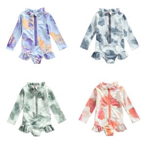 Bébé Enfants Sun Protect Tie-dye One-Pieces Maillot de Bain Bébés Filles Manches Longues O-cou Zip-up Maillots de Bain avec Volants 1-5T 20220921 E3