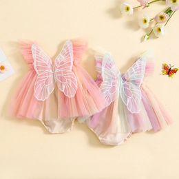 Petite fille Rompers Hobe broderie papillon aile manche mouche arc-en-ciel couleur tulle jupe combinaison vêtements bébé vêtements d'été 240409