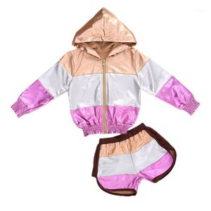 Vêtements Ensembles Infant Kids 2pcs Set Fashion Bébé Filles Vêtements Lumineux Tissu Patchwork Tops Tops Sweat à capuche Spring Automne 1-6Years1