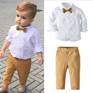 Baby kids baby jongens 2-delige gentleman pak, massief witte kleur knop lange mouw boog shirt lange elastische taille broek x0802