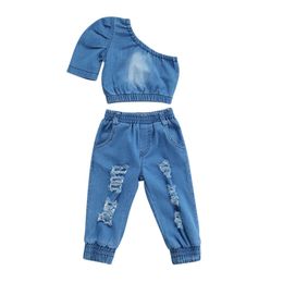T-shirt et pantalon en jean pour bébés filles, costume à la mode, couleur unie, hauts à une épaule, pantalons longs déchirés, 16T, 240220