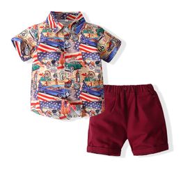 Baby kinderjongenskleding sets peuter jongen auto prints korte mouw knop shirt top effen kleur shorts katoenen kleding set