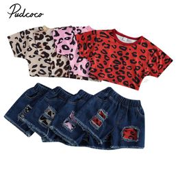 Baby Kids Girl's twee stukken set, kinderluipaard print crop tops korte mouw shirt elastische taille shorts voor kinderen 1-5t
