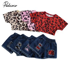 Conjunto de dos piezas para niñas pequeñas, tops cortos con estampado de leopardo para niños, camisa de manga corta, pantalones cortos con cintura elástica para niños de 1 a 5 años