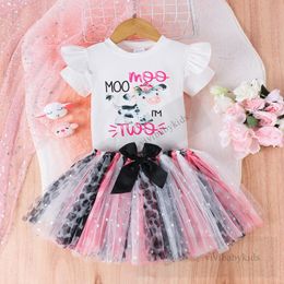 Infant Kids Princess Desets Sets Little Girls Cartoon Letter Gedrukte Falbala Fly Sleeve T-Shirt Bows Splicing pailletten Lace Tulle Rok 2 stks Baby Outfits Z7930
