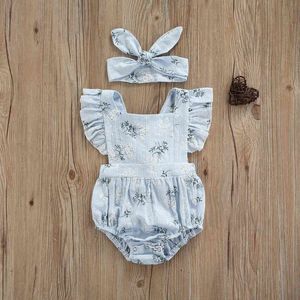 Baby kanten romper + boog tulband, bloem print elastische zoete stijl kleine prinses romper outfit zomer baby meisje kleding G1221