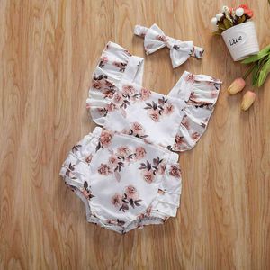 Baby pasgeboren zomer kleding baby meisje bloemen romper mouwloze gegolfde jumpsuits met hoofdband G220521